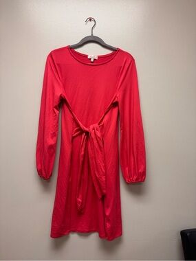 Long Sleeve Belted Dress in Bright coral